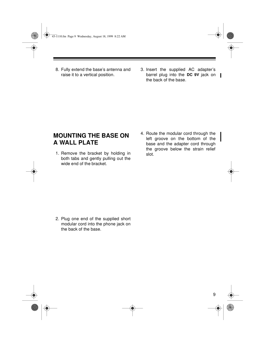 Radio Shack ET-1110 owner manual Mounting the Base on a Wall Plate 