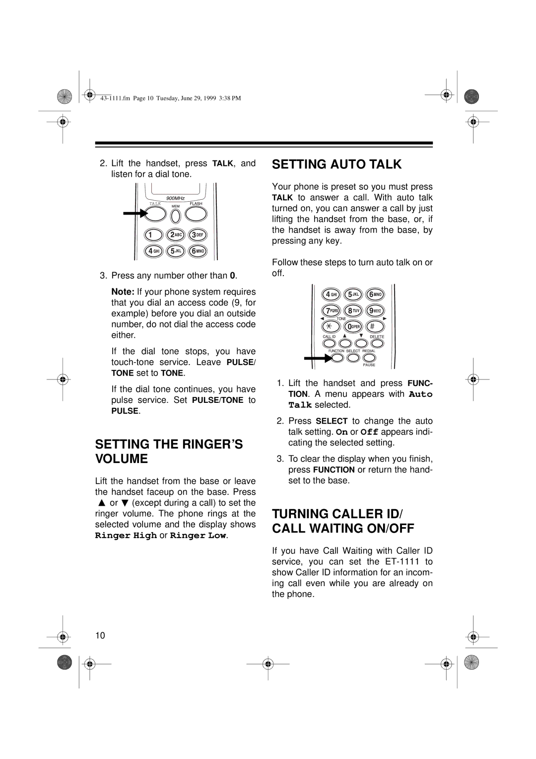 Radio Shack ET-1111 owner manual Setting the RINGER’S Volume, Setting Auto Talk, Turning Caller ID/ Call Waiting ON/OFF 