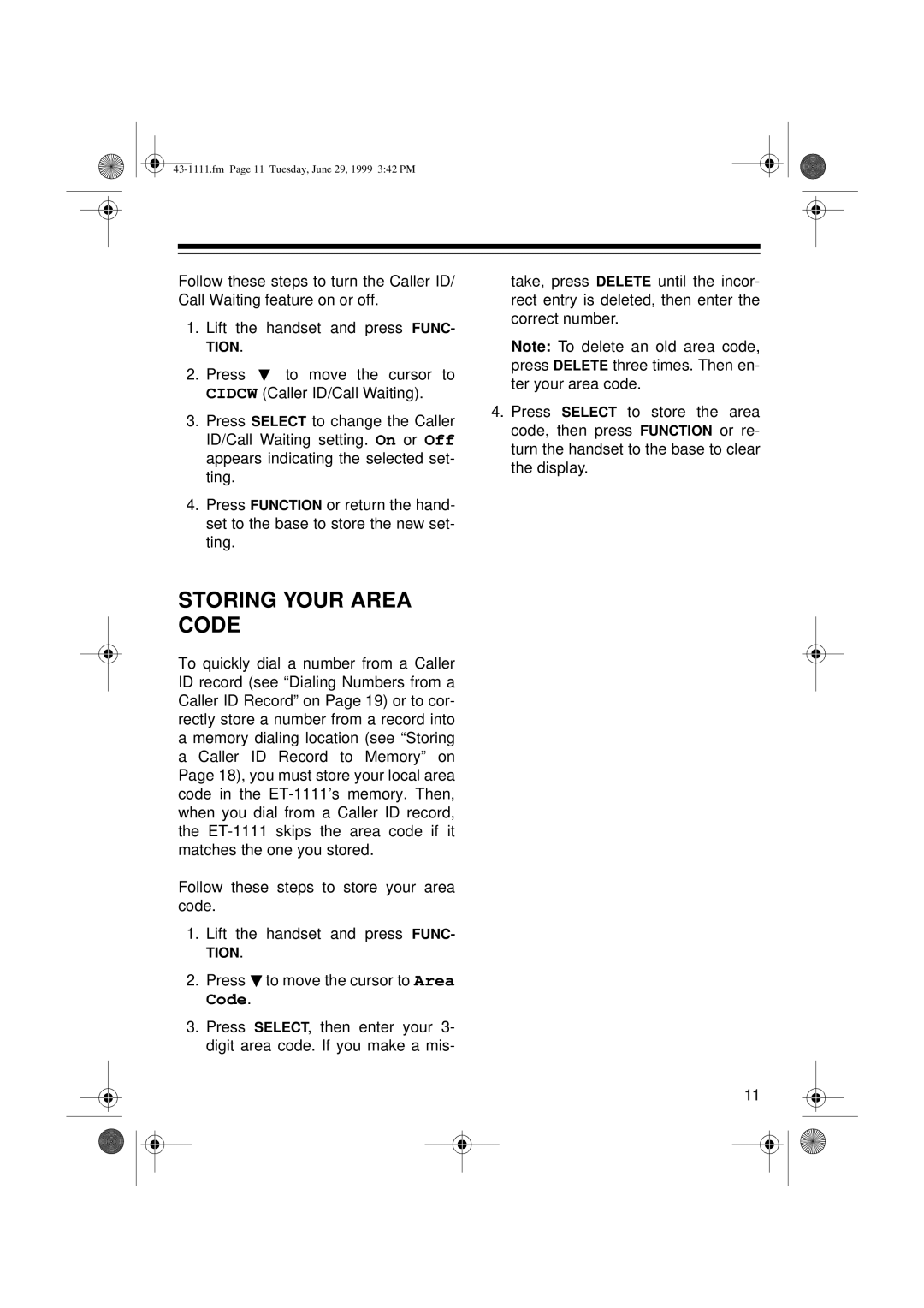 Radio Shack ET-1111 owner manual Storing Your Area Code 