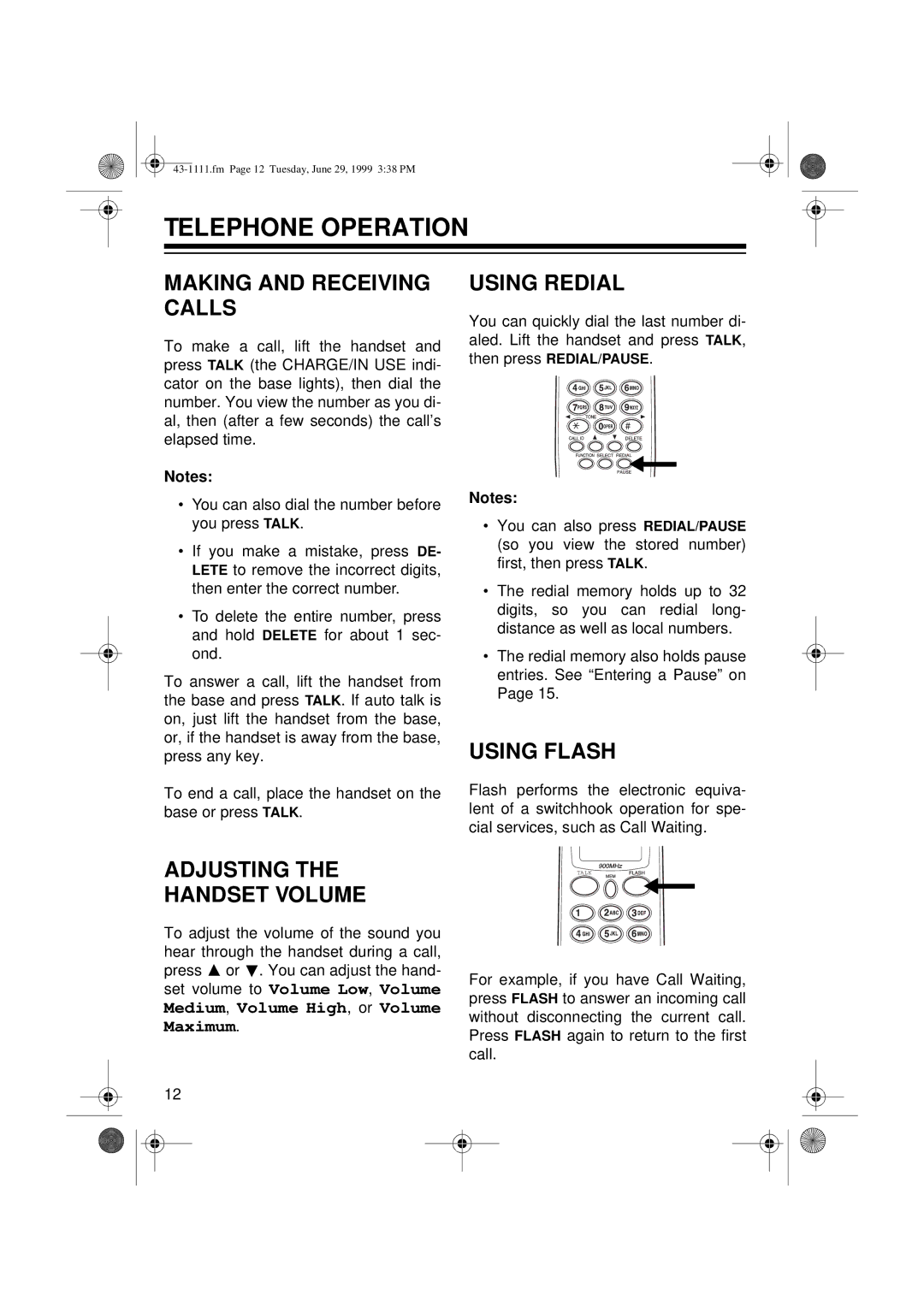 Radio Shack ET-1111 owner manual Telephone Operation, Making and Receiving Calls, Using Redial, Using Flash 