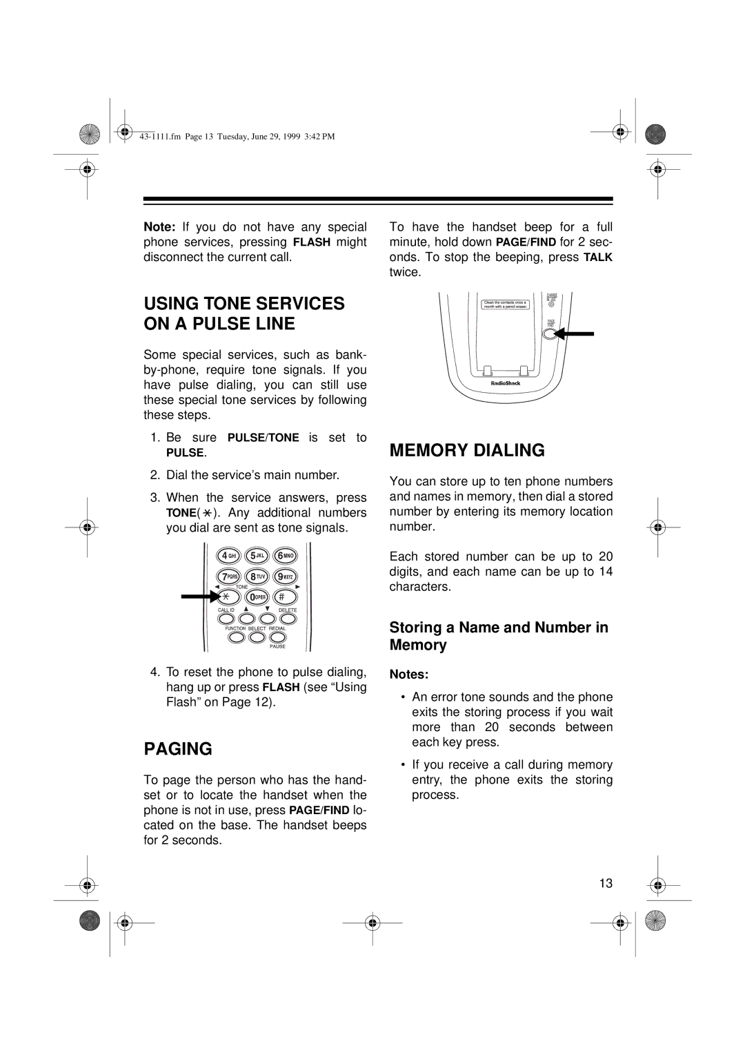 Radio Shack ET-1111 owner manual Paging, Memory Dialing, Storing a Name and Number in Memory 