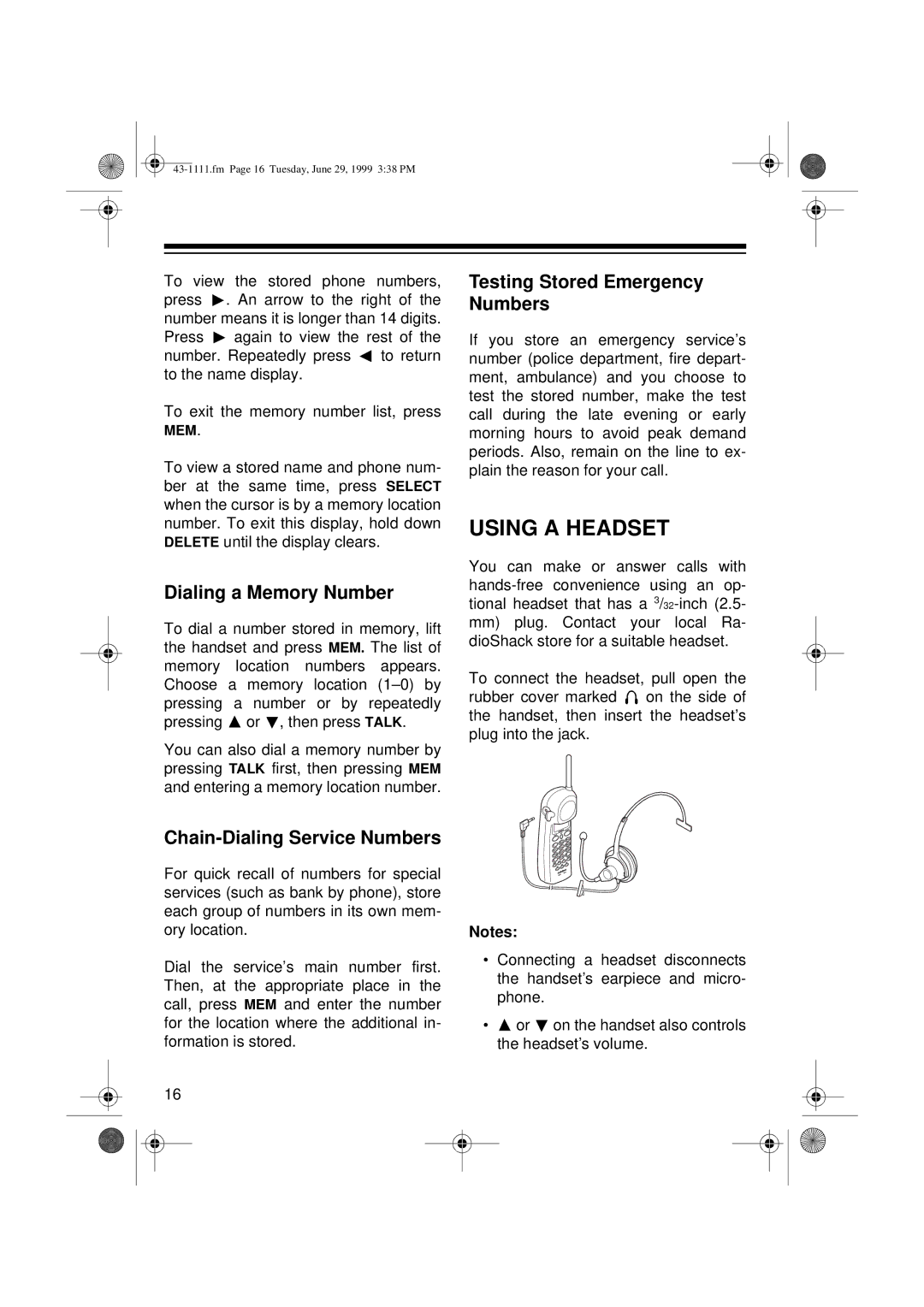 Radio Shack ET-1111 owner manual Using a Headset, Dialing a Memory Number, Chain-Dialing Service Numbers 