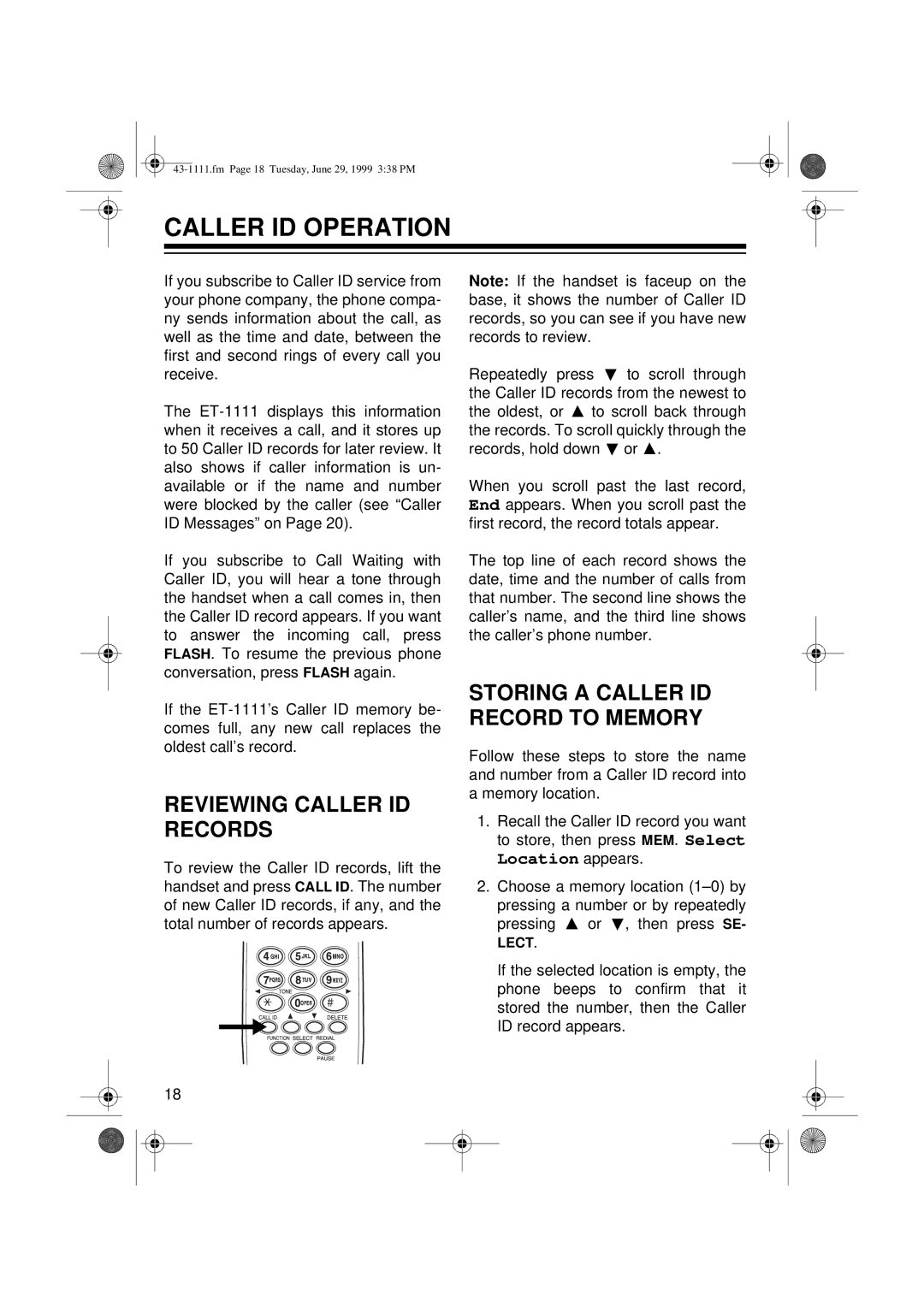 Radio Shack ET-1111 owner manual Caller ID Operation, Reviewing Caller ID Records, Storing a Caller ID Record to Memory 