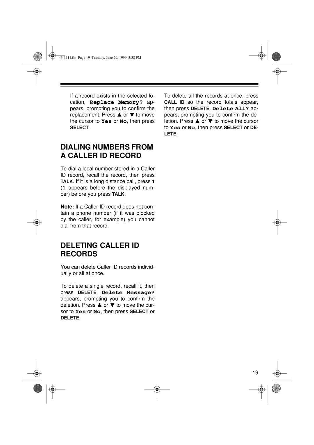 Radio Shack ET-1111 owner manual Dialing Numbers from Caller ID Record, Deleting Caller ID Records 