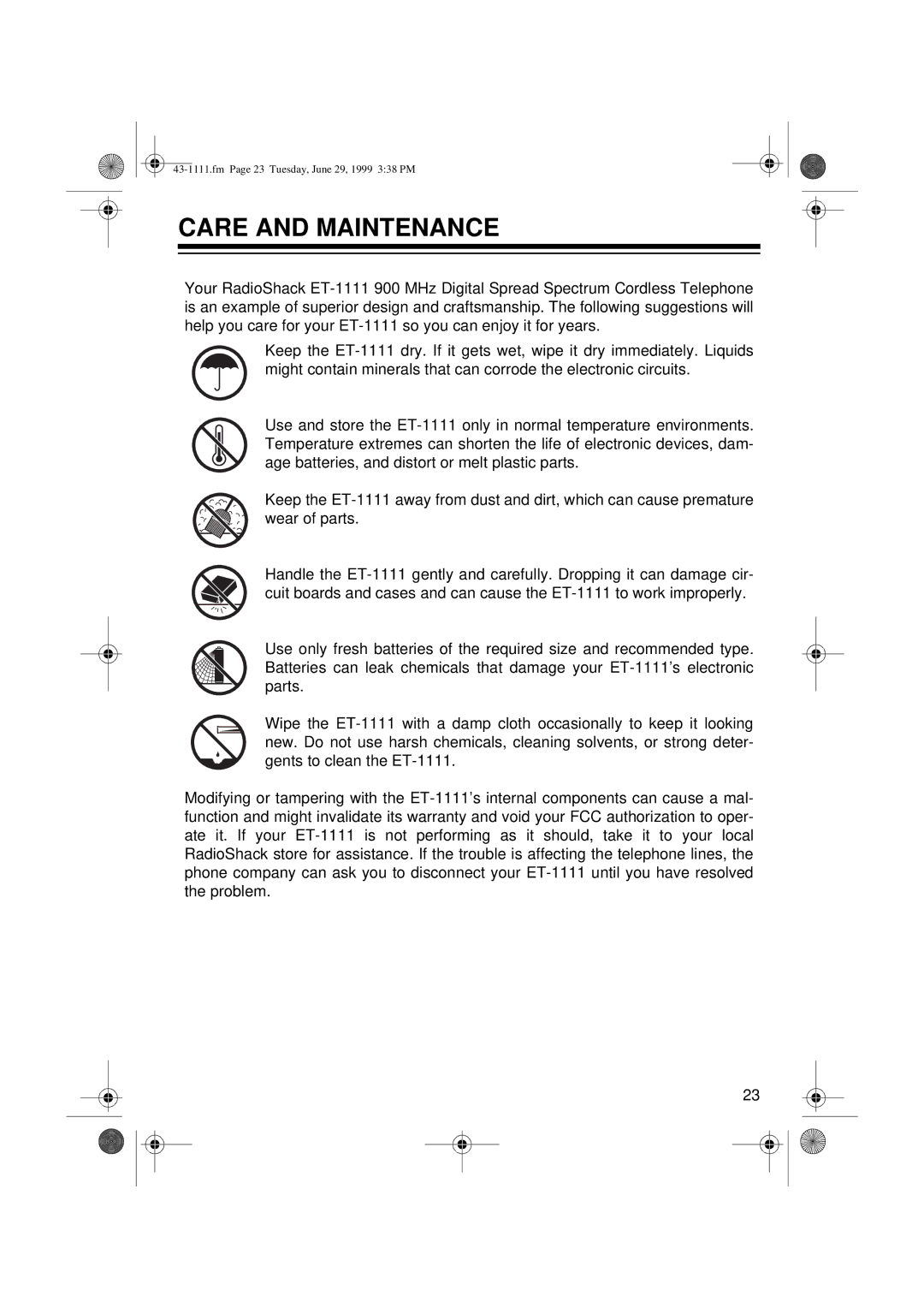 Radio Shack ET-1111 owner manual Care and Maintenance 