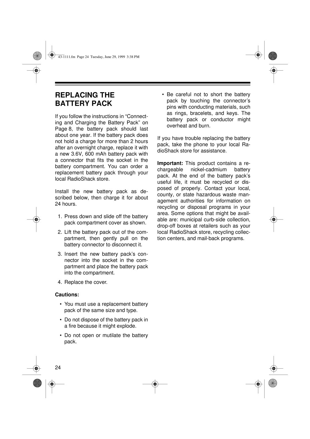 Radio Shack ET-1111 owner manual Replacing Battery Pack 