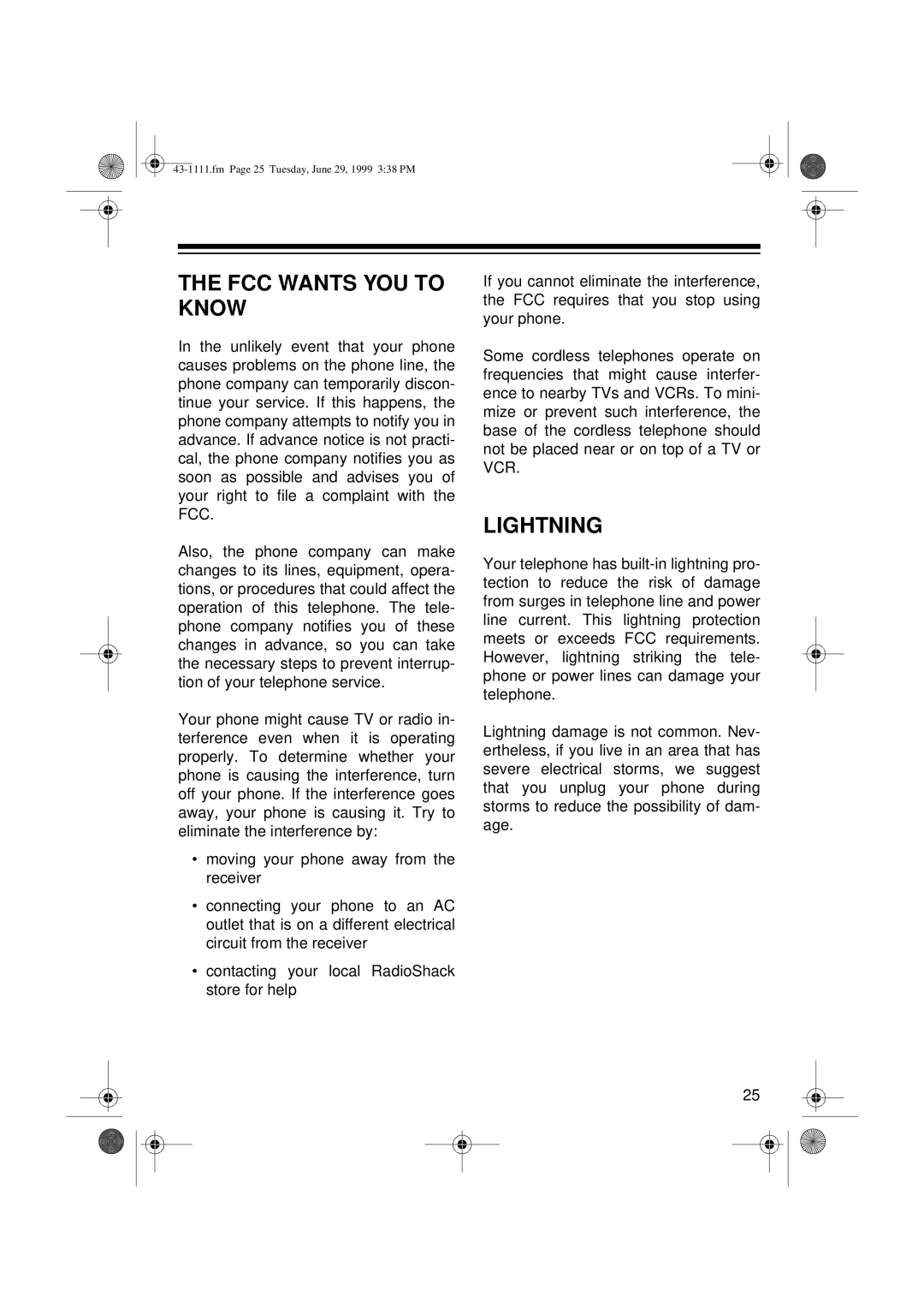 Radio Shack ET-1111 owner manual FCC Wants YOU to Know, Lightning 