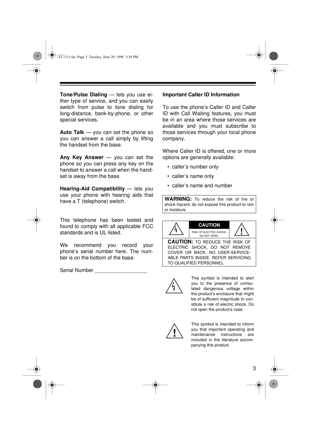 Radio Shack ET-1111 owner manual Fm Page 3 Tuesday, June 29, 1999 338 PM 