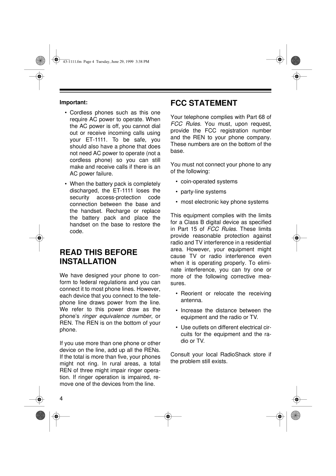 Radio Shack ET-1111 owner manual Read this Before Installation, FCC Statement 