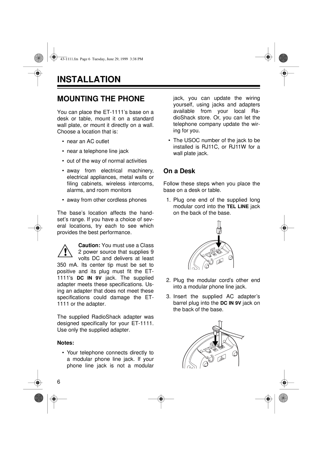 Radio Shack ET-1111 owner manual Installation, Mounting the Phone, On a Desk 