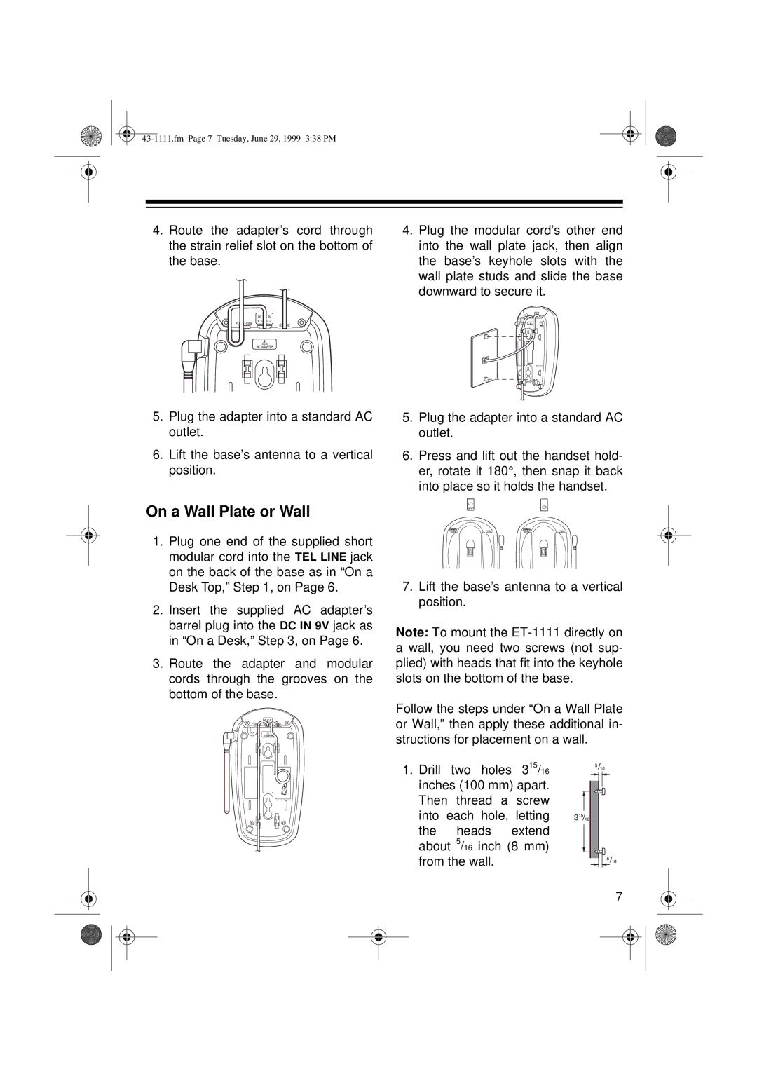 Radio Shack ET-1111 owner manual On a Wall Plate or Wall 