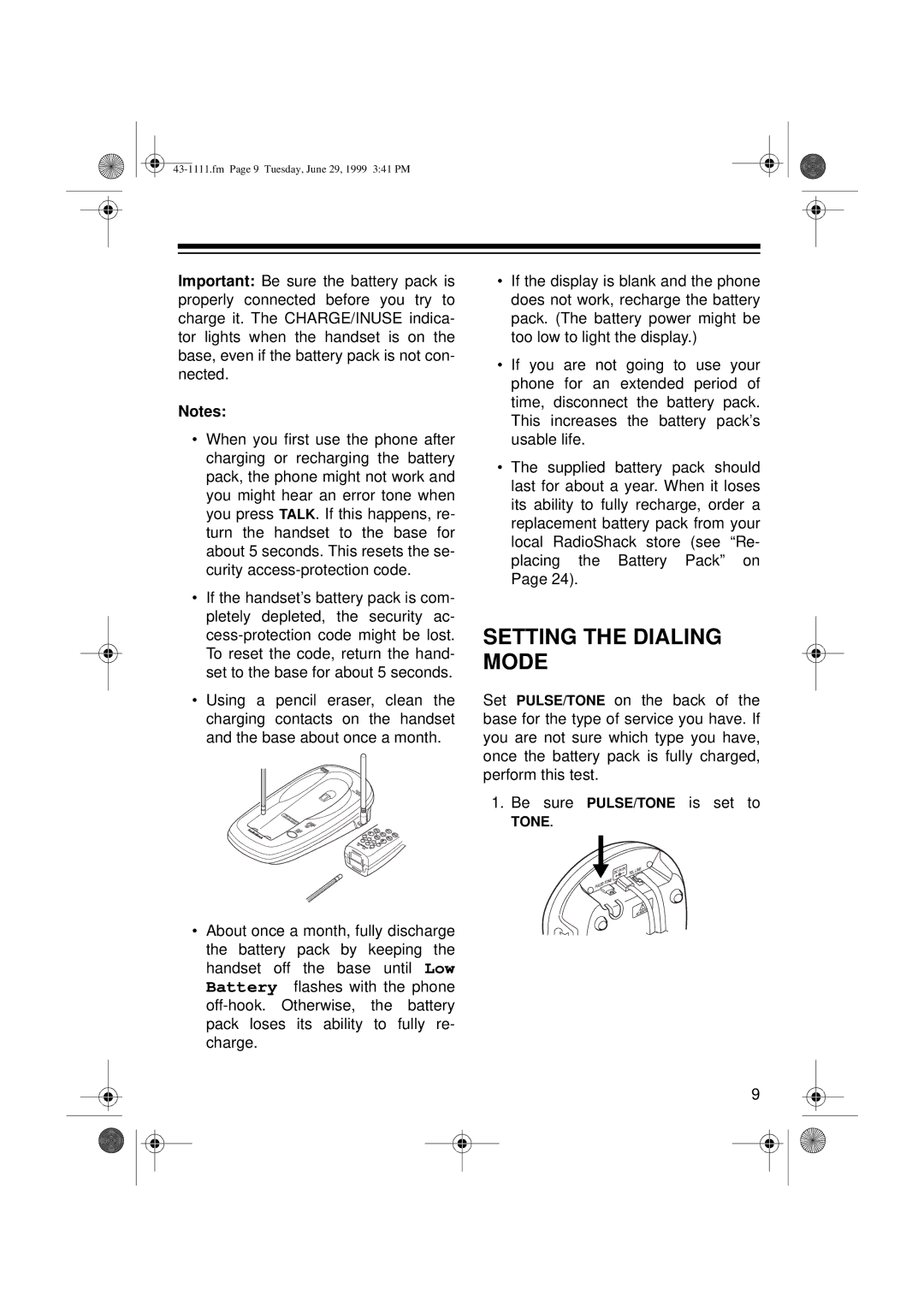 Radio Shack ET-1111 owner manual Setting the Dialing Mode 