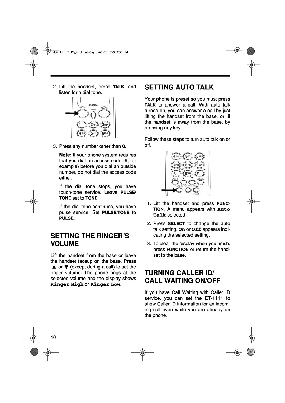 Radio Shack ET-1111 owner manual Setting The Ringer’S Volume, Setting Auto Talk, Turning Caller Id/ Call Waiting On/Off 