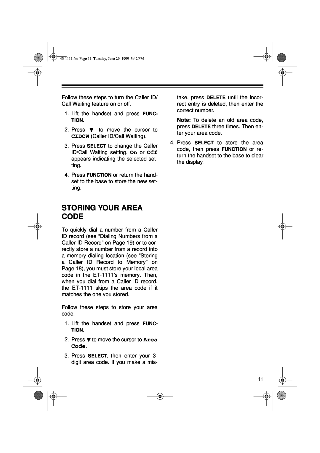 Radio Shack ET-1111 owner manual Storing Your Area Code 