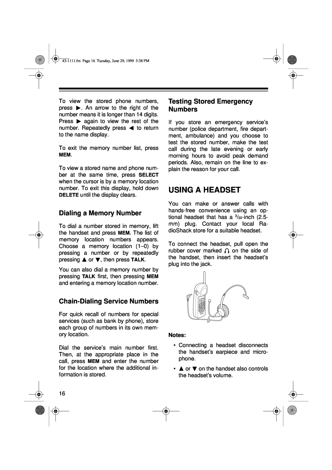 Radio Shack ET-1111 owner manual Using A Headset, Dialing a Memory Number, Chain-Dialing Service Numbers 