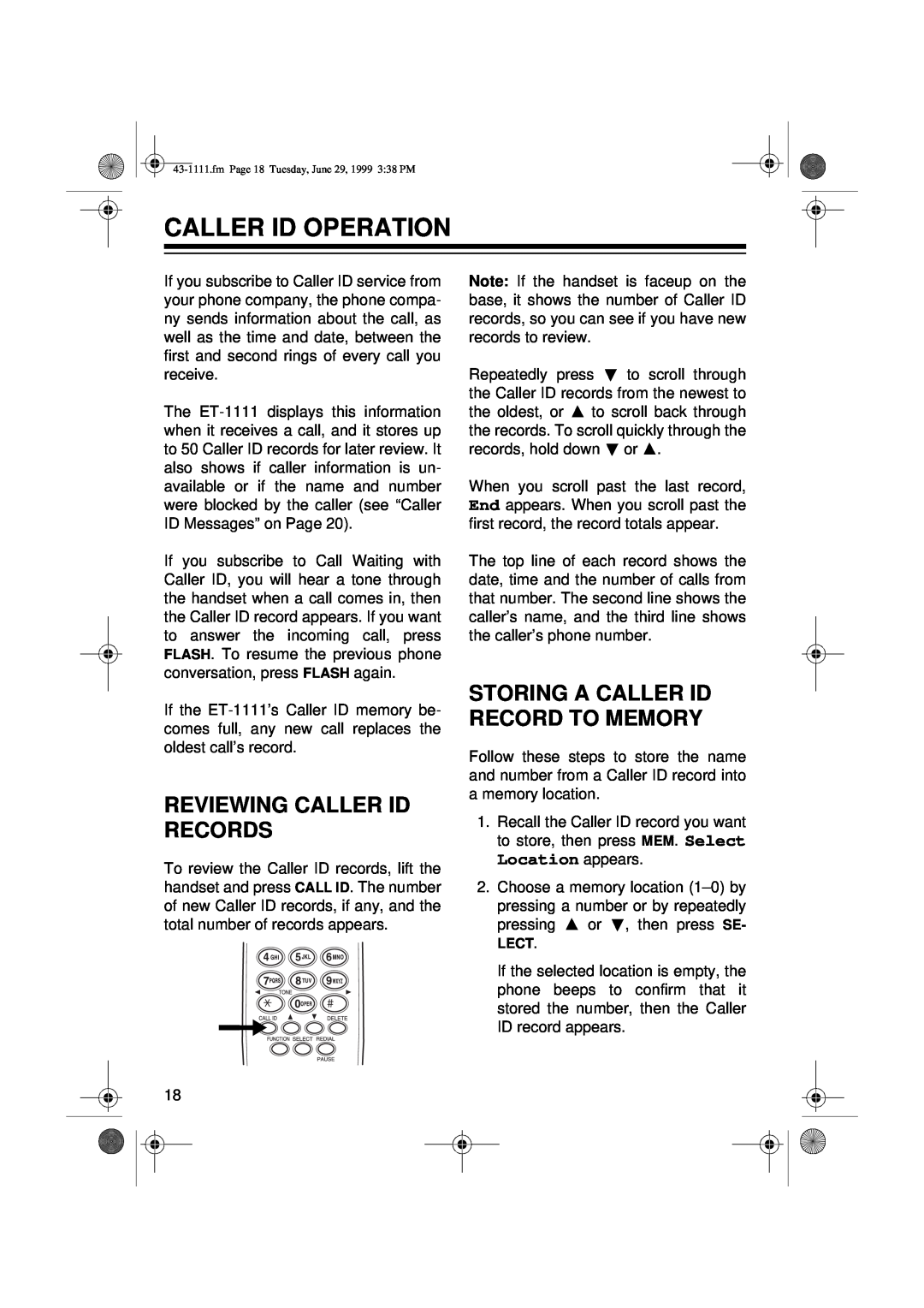 Radio Shack ET-1111 owner manual Caller Id Operation, Reviewing Caller Id Records, Storing A Caller Id Record To Memory 