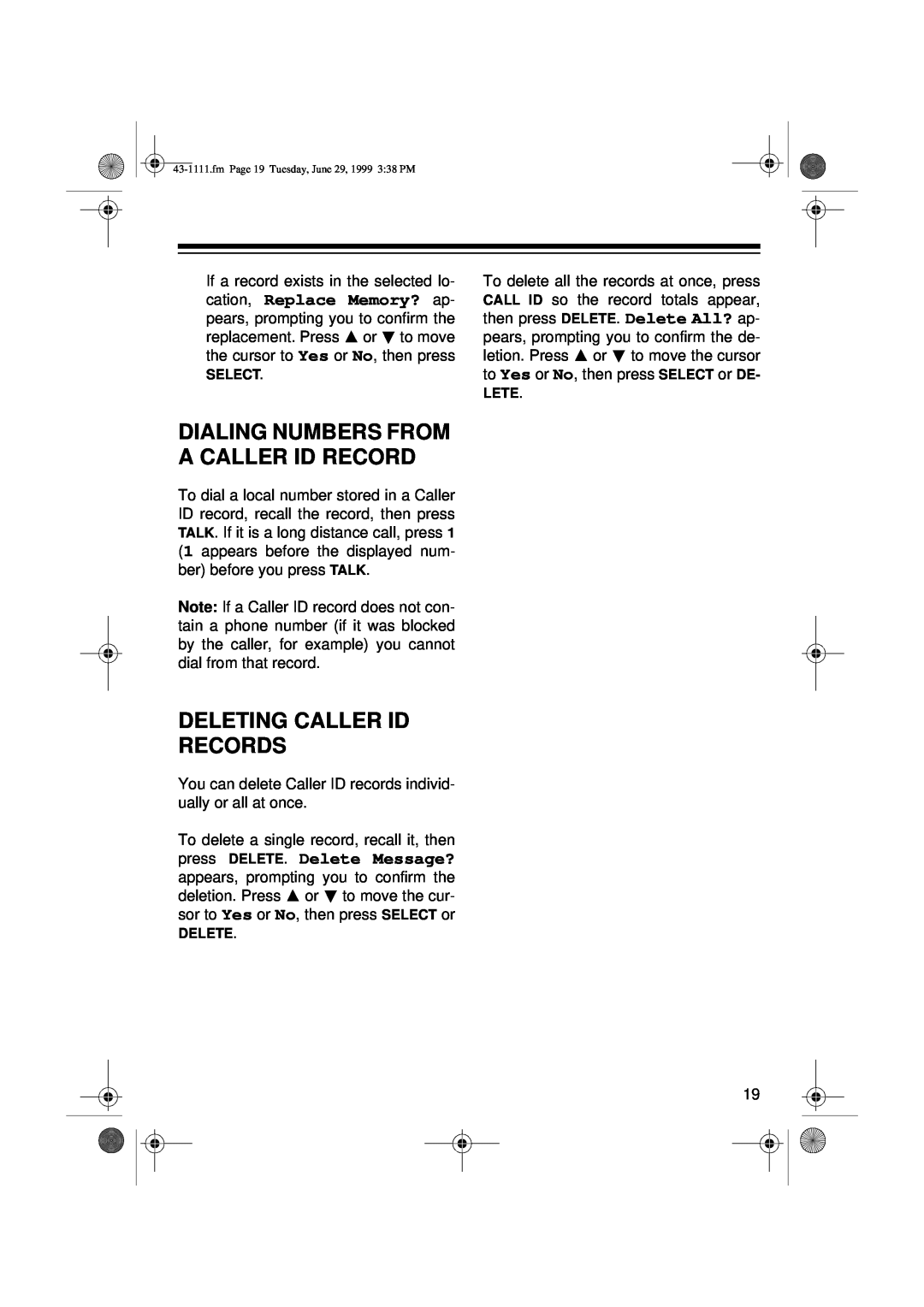 Radio Shack ET-1111 owner manual Dialing Numbers From A Caller Id Record, Deleting Caller Id Records 