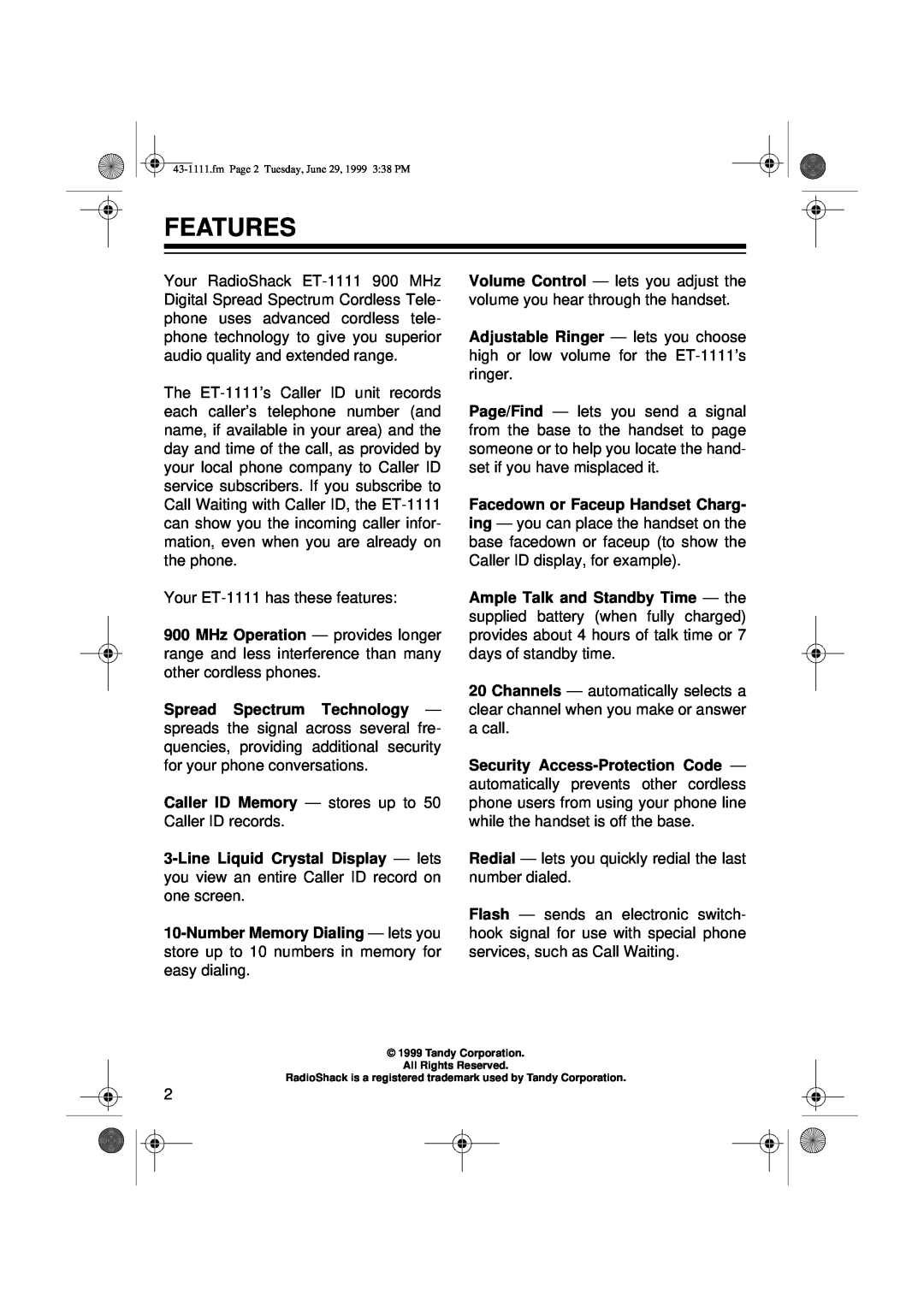 Radio Shack ET-1111 owner manual Features 