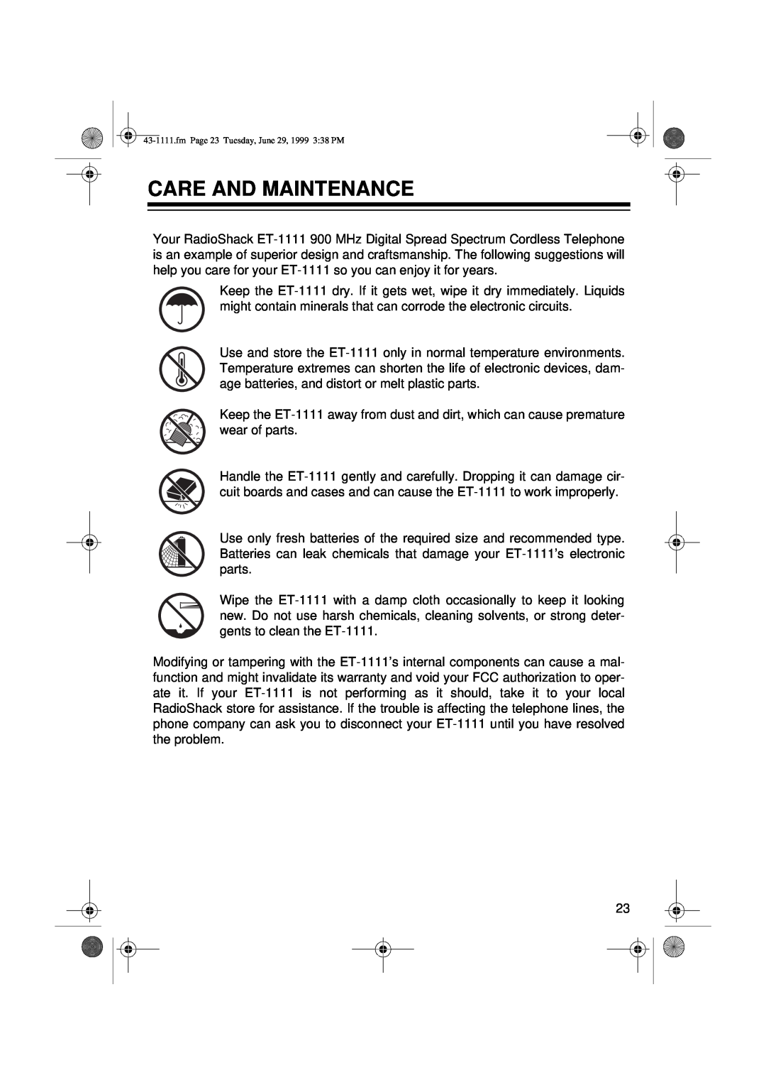 Radio Shack ET-1111 owner manual Care And Maintenance, fm Page 23 Tuesday, June 29, 1999 338 PM 
