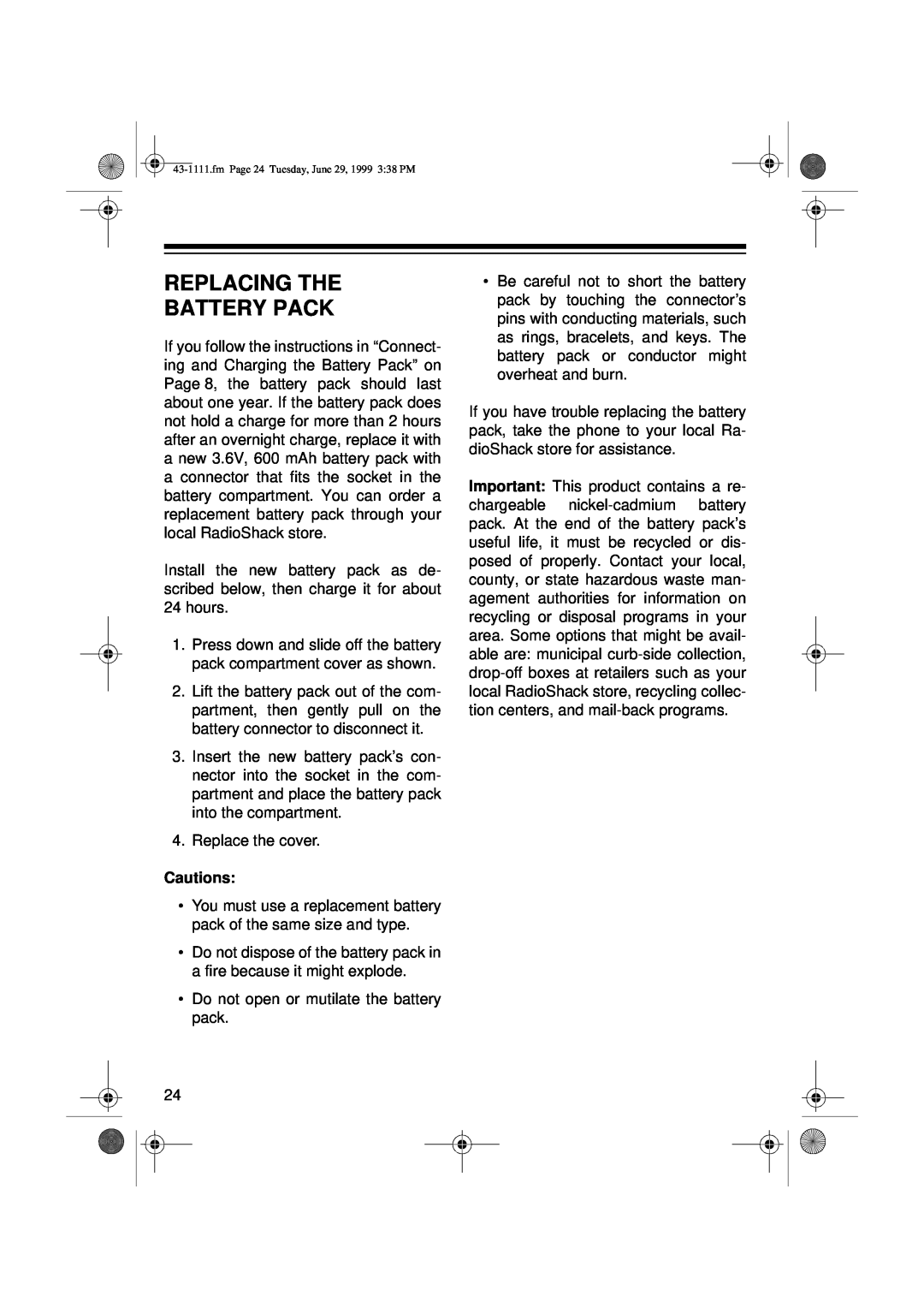 Radio Shack ET-1111 owner manual Replacing The Battery Pack, Cautions 