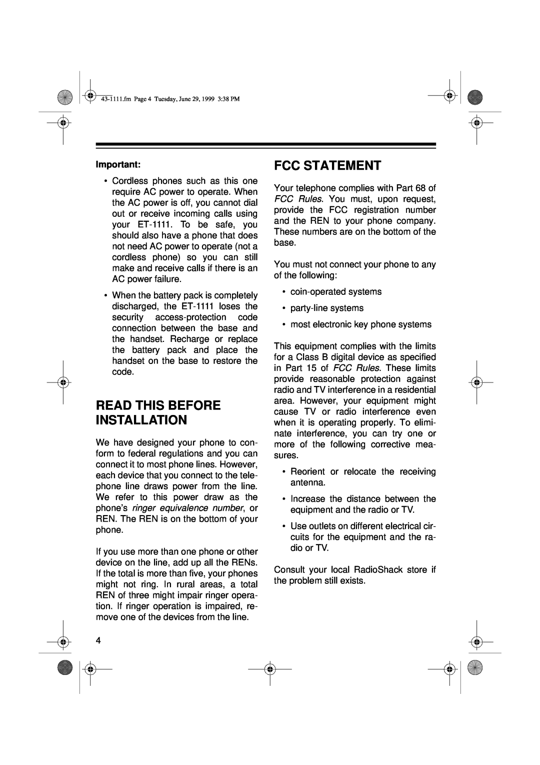 Radio Shack ET-1111 owner manual Read This Before Installation, Fcc Statement 