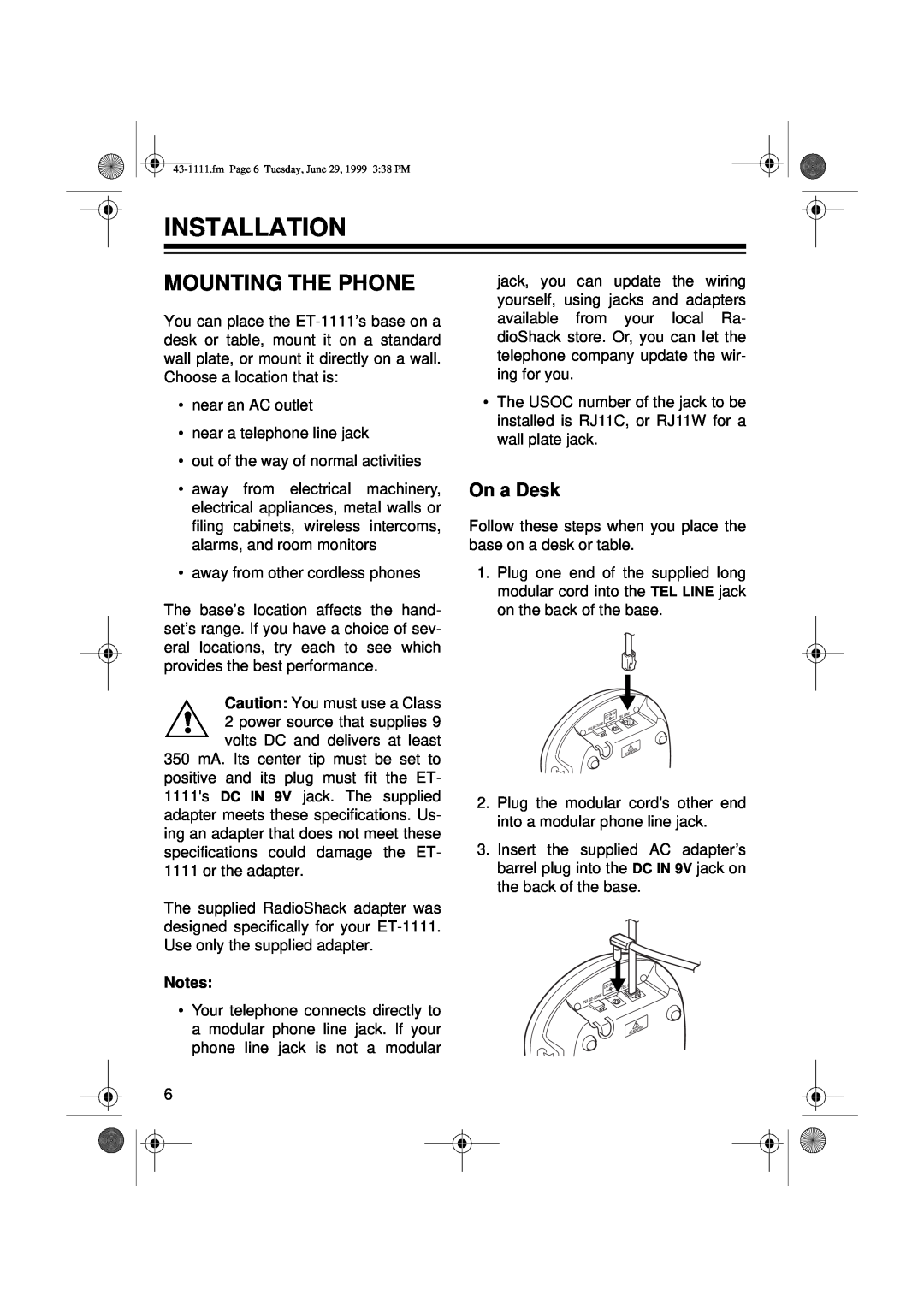 Radio Shack ET-1111 owner manual Installation, Mounting The Phone, On a Desk 