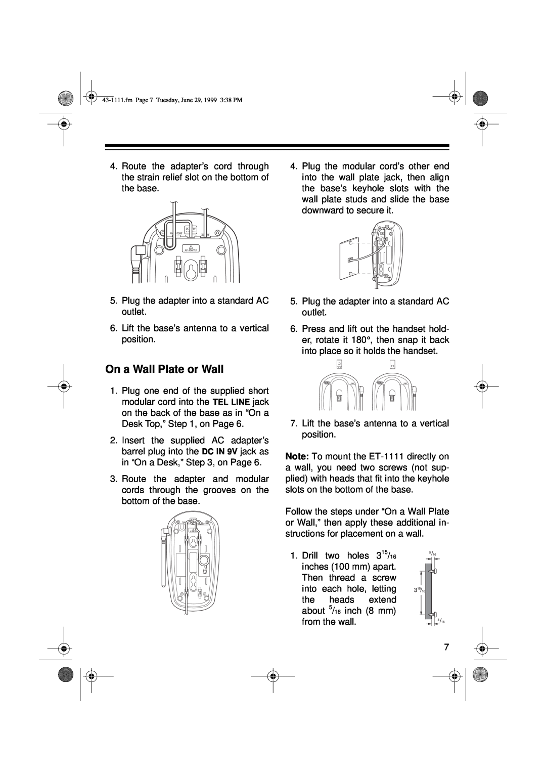 Radio Shack ET-1111 owner manual On a Wall Plate or Wall, fm Page 7 Tuesday, June 29, 1999 338 PM 