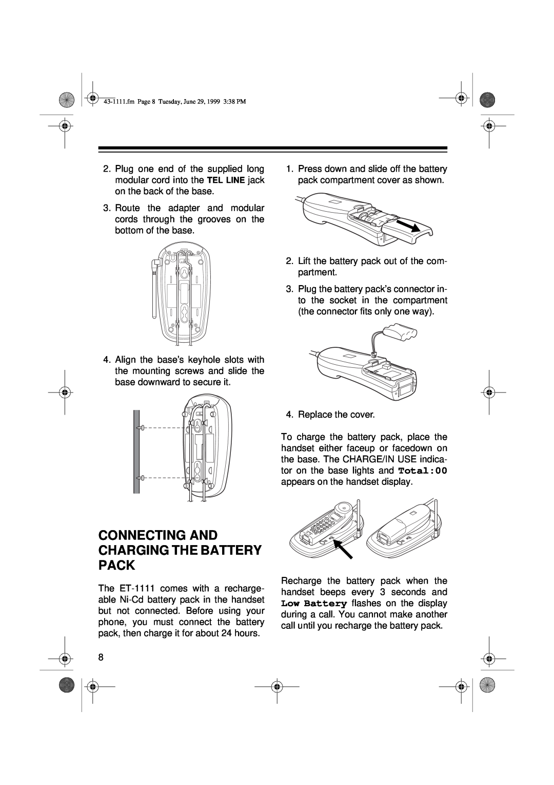 Radio Shack ET-1111 owner manual Connecting And Charging The Battery Pack, fm Page 8 Tuesday, June 29, 1999 338 PM 