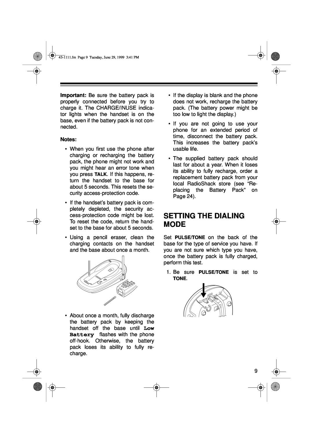 Radio Shack ET-1111 owner manual Setting The Dialing Mode 