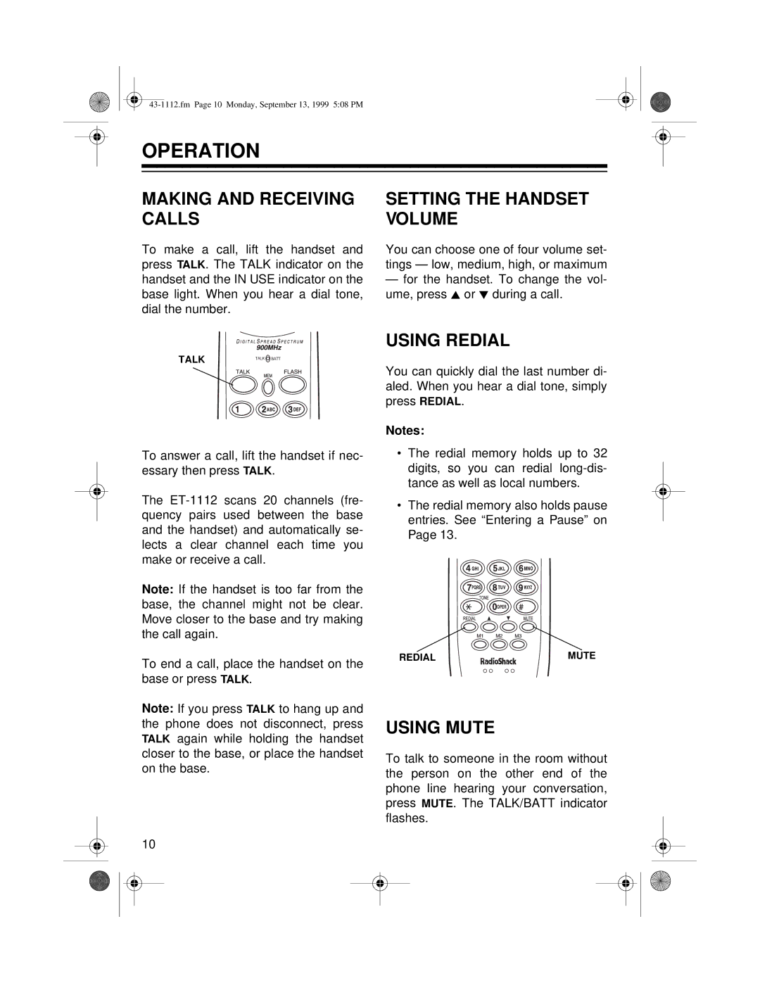 Radio Shack ET-1112 Operation, Making and Receiving Calls, Setting the Handset Volume, Using Redial, Using Mute 