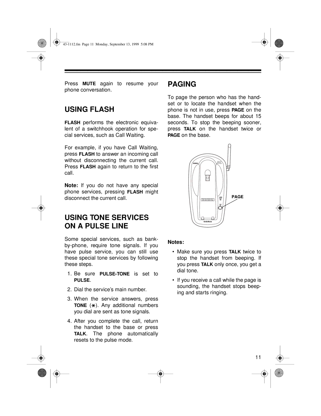 Radio Shack ET-1112 owner manual Using Flash, Paging 