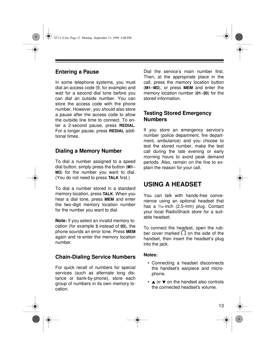 Radio Shack ET-1112 owner manual Using a Headset, Entering a Pause 