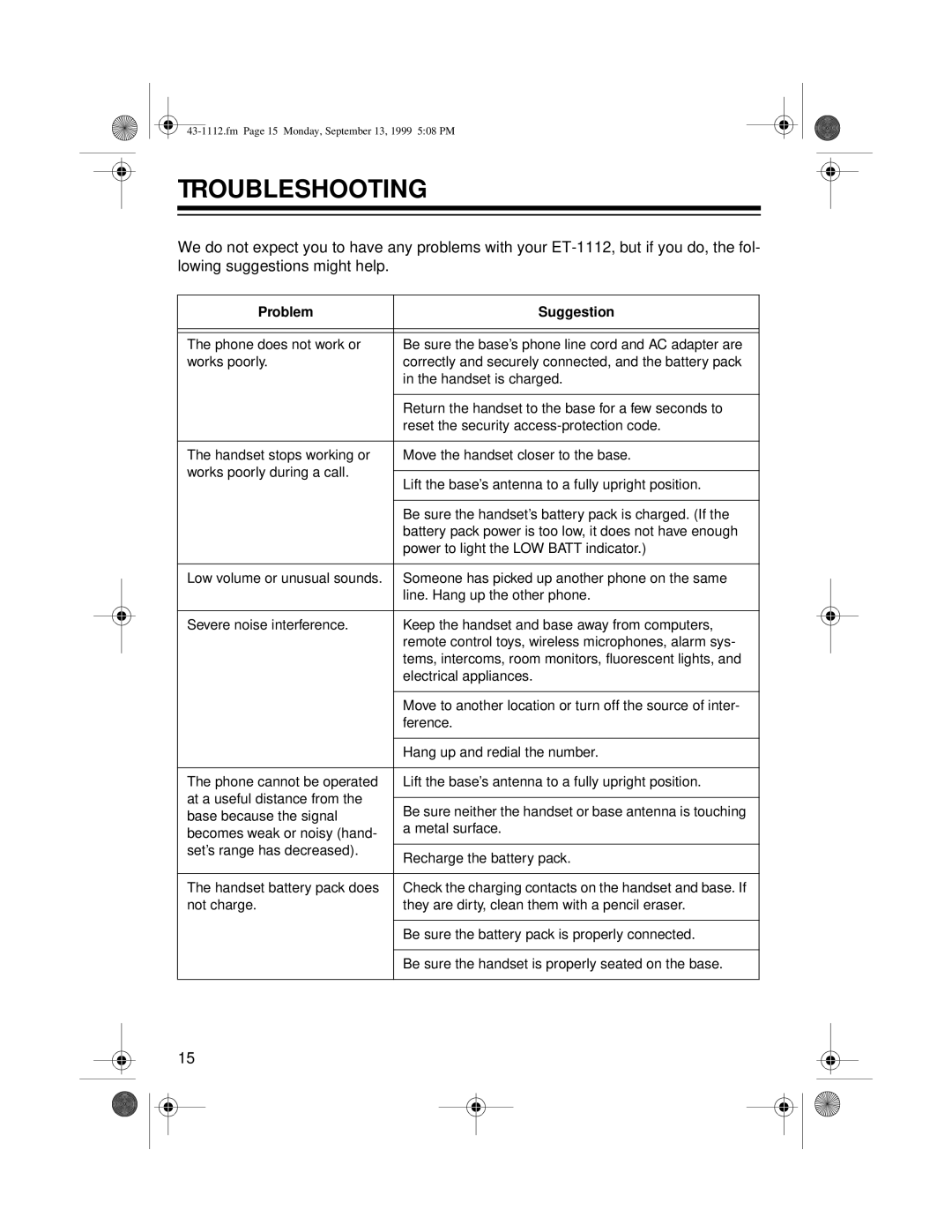 Radio Shack ET-1112 owner manual Troubleshooting, Problem Suggestion 