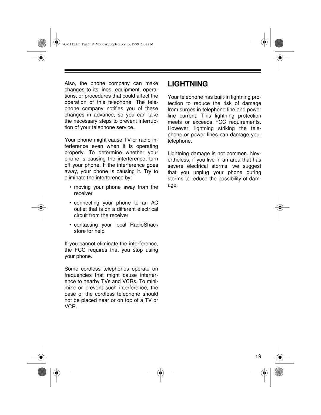 Radio Shack ET-1112 owner manual Lightning 