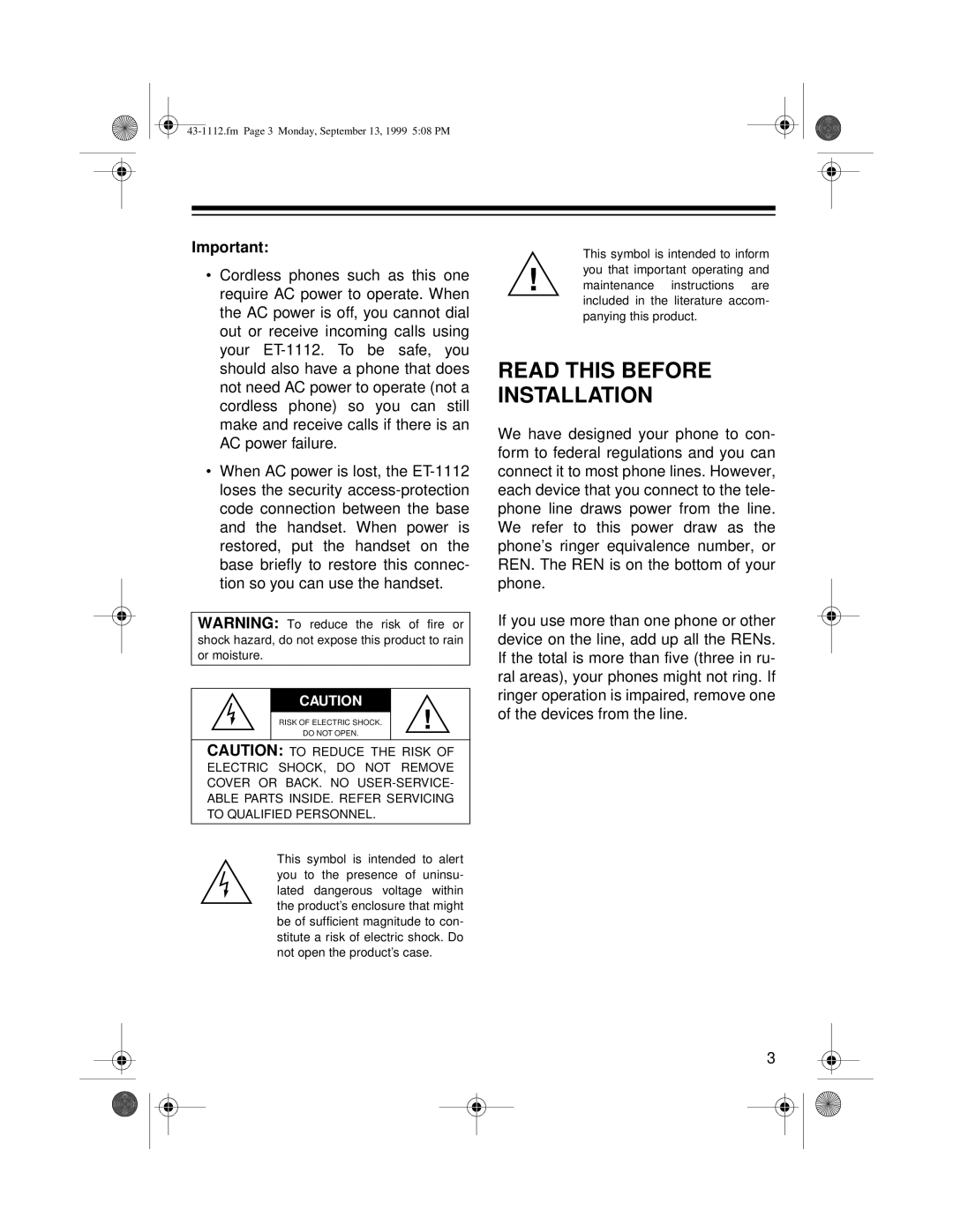 Radio Shack ET-1112 owner manual Read this Before Installation 