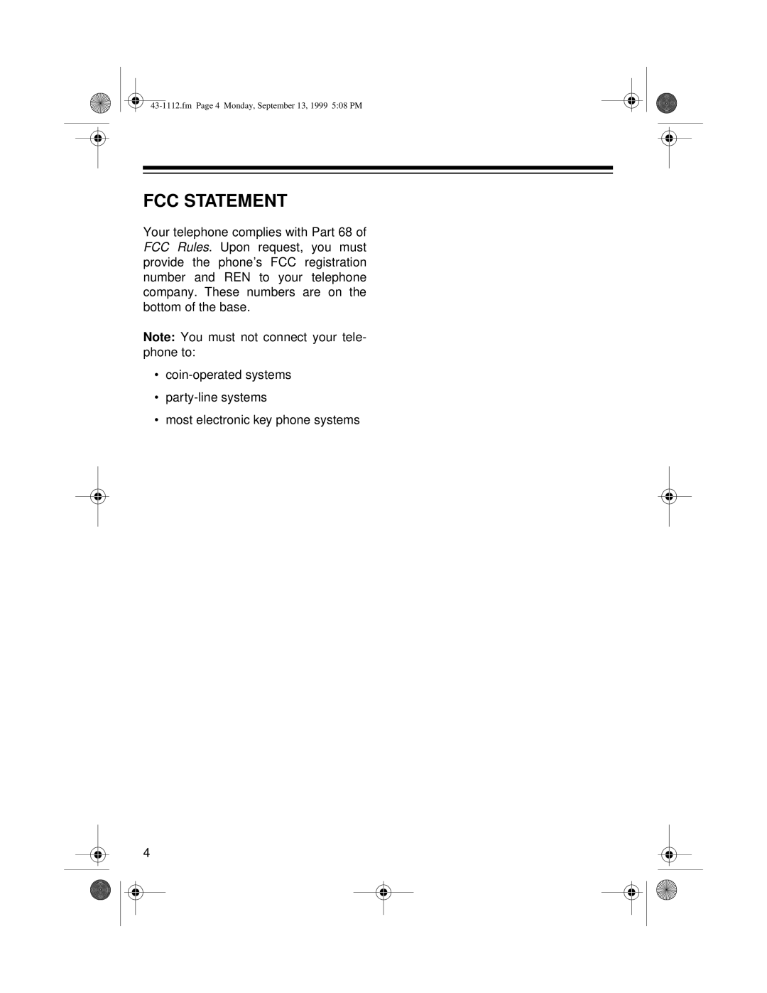 Radio Shack ET-1112 owner manual FCC Statement 