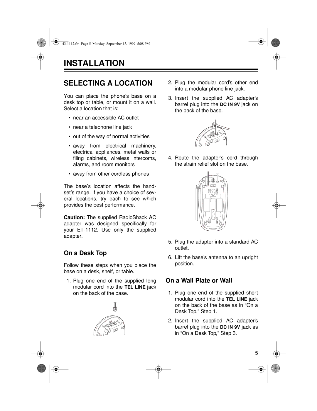 Radio Shack ET-1112 owner manual Installation, Selecting a Location 