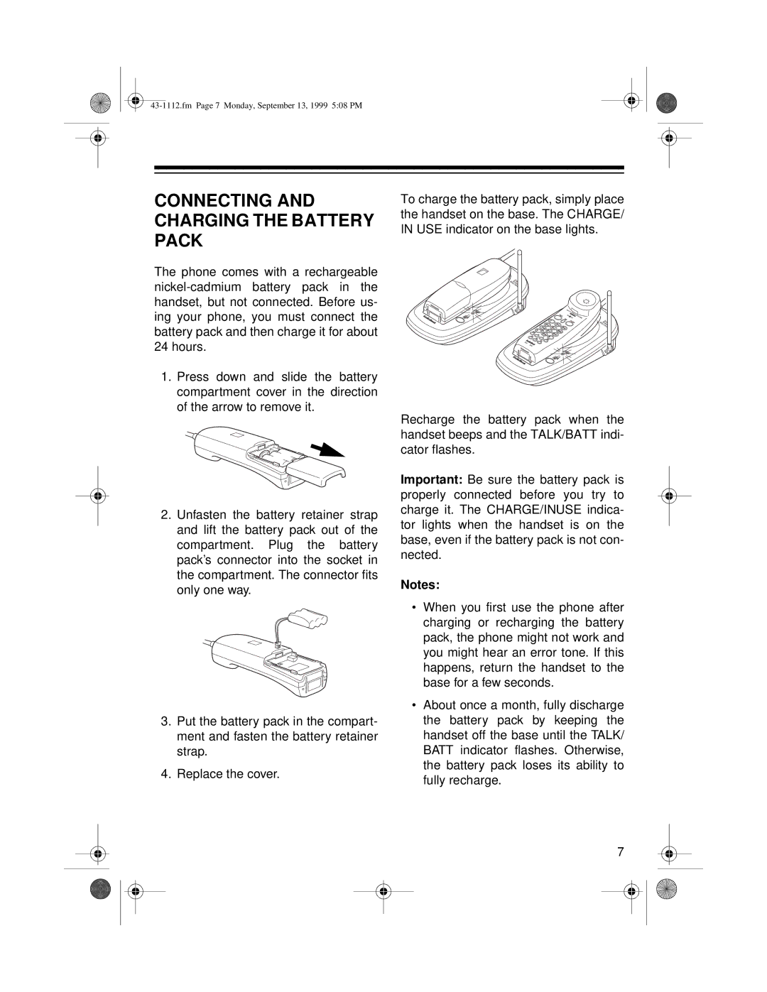 Radio Shack ET-1112 owner manual Connecting and Charging the Battery Pack 