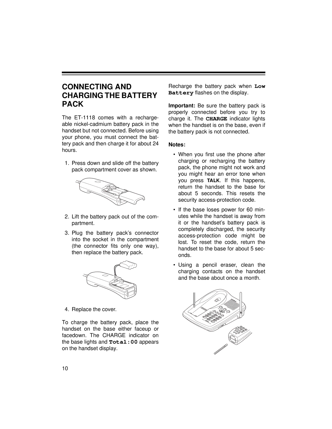 Radio Shack ET-1118 owner manual Connecting and Charging the Battery Pack 