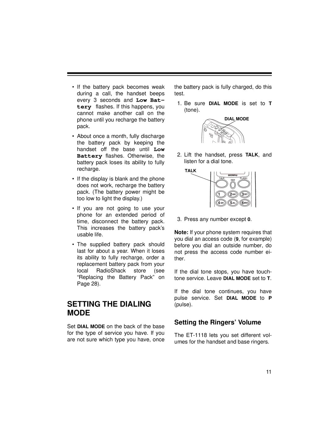 Radio Shack ET-1118 owner manual Setting the Dialing Mode, Setting the Ringers’ Volume 