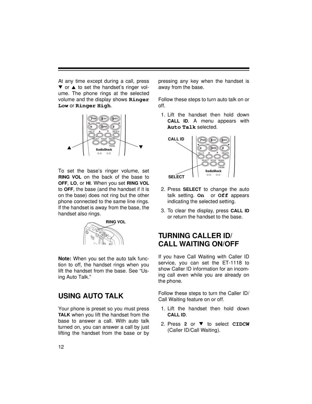 Radio Shack ET-1118 owner manual Turning Caller ID/ Call Waiting ON/OFF Using Auto Talk, Low or Ringer High 