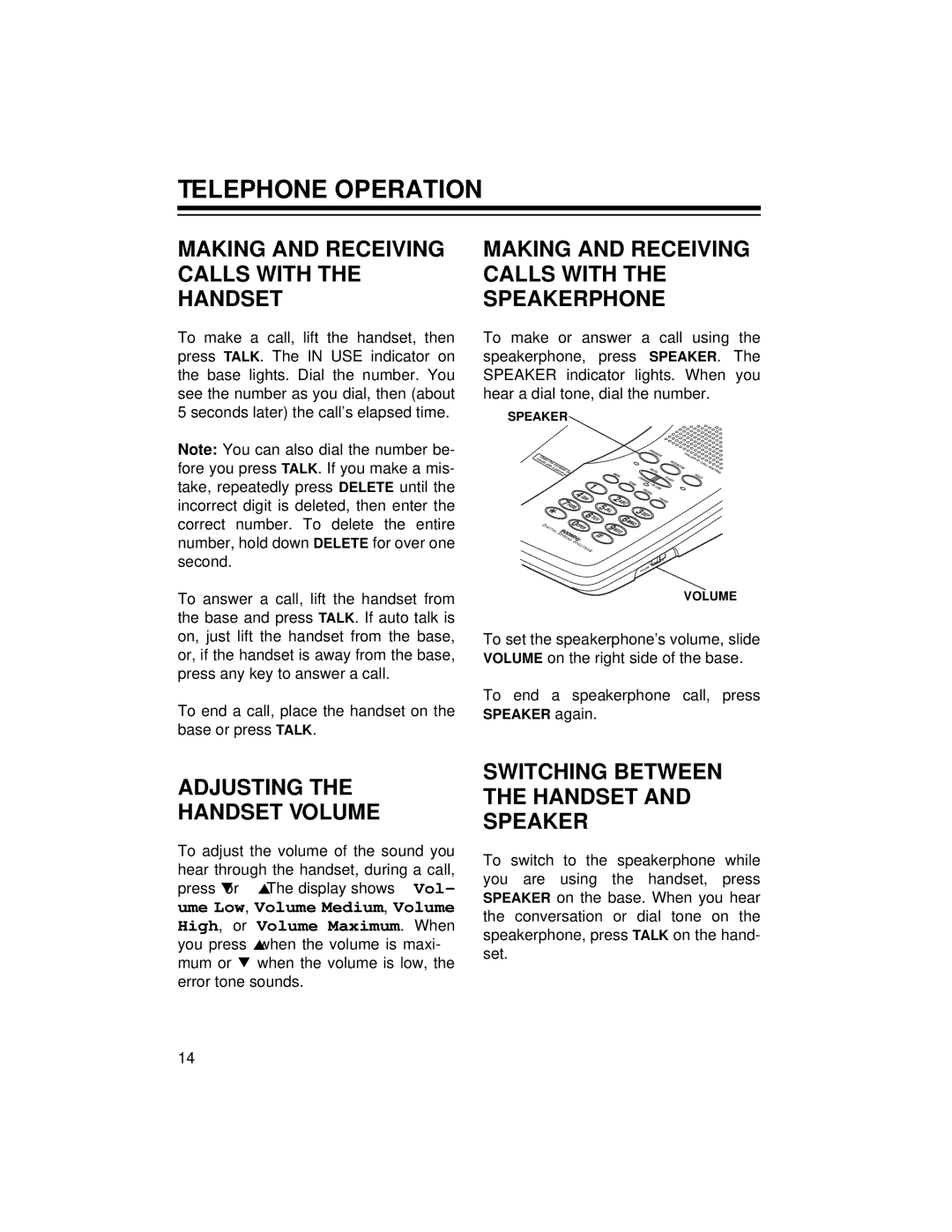 Radio Shack ET-1118 owner manual Telephone Operation, Making and Receiving Calls with the Handset, Adjusting Handset Volume 