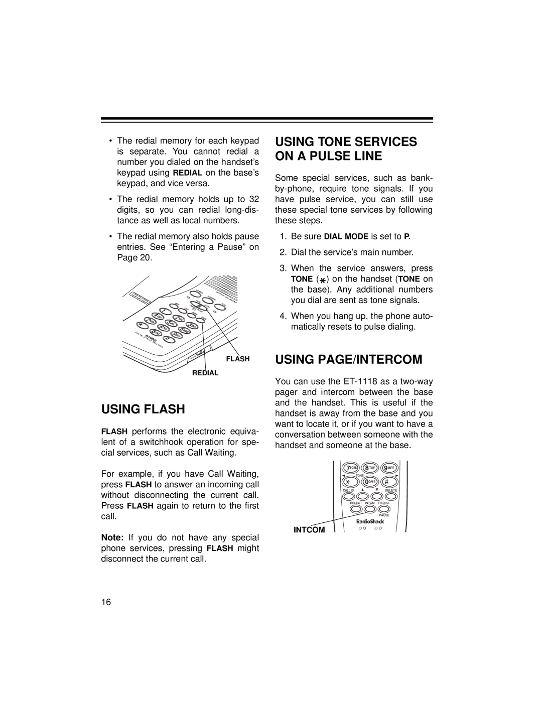 Radio Shack ET-1118 owner manual Using Flash, Using PAGE/INTERCOM 