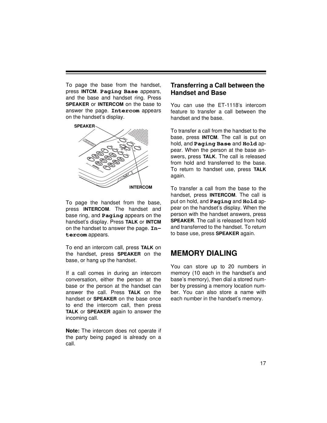 Radio Shack ET-1118 owner manual Memory Dialing, Transferring a Call between the Handset and Base 