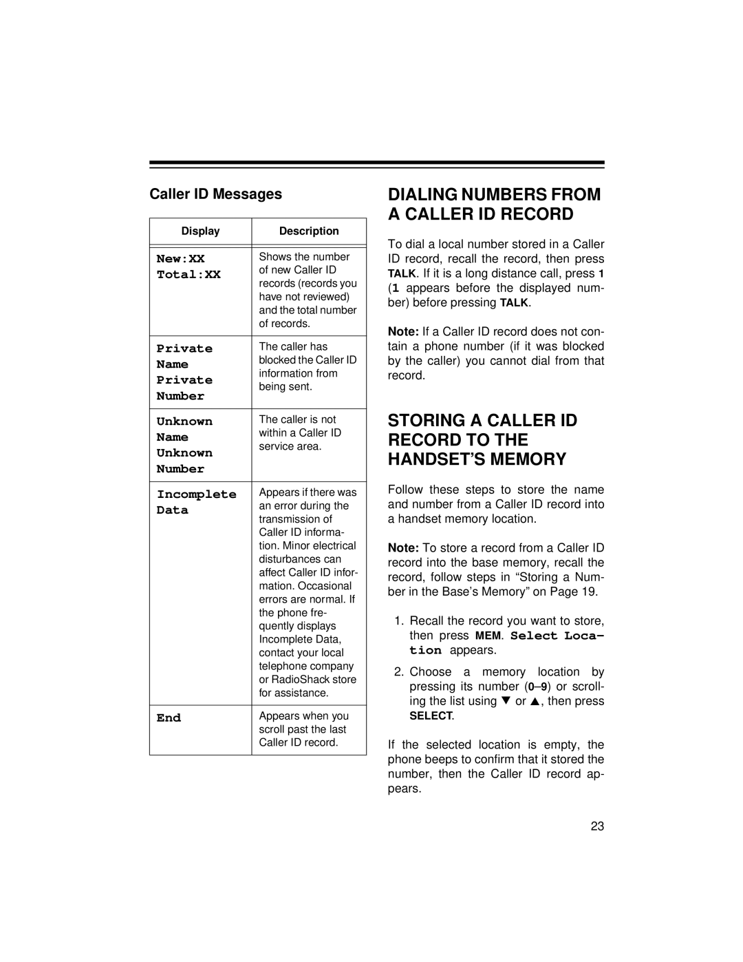 Radio Shack ET-1118 owner manual Storing a Caller ID Record to the HANDSET’S Memory, Caller ID Messages 