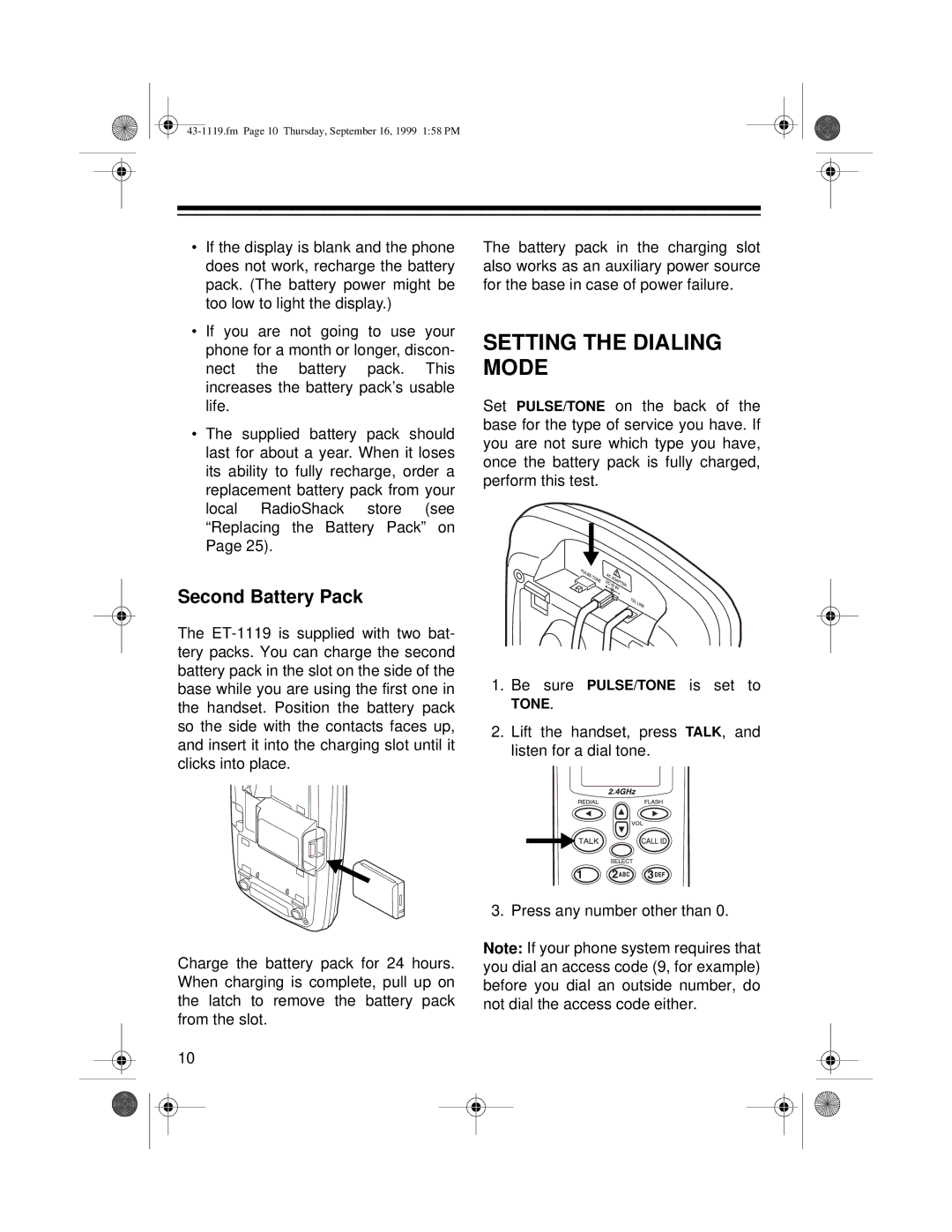 Radio Shack ET-1119 owner manual Setting the Dialing Mode, Second Battery Pack 