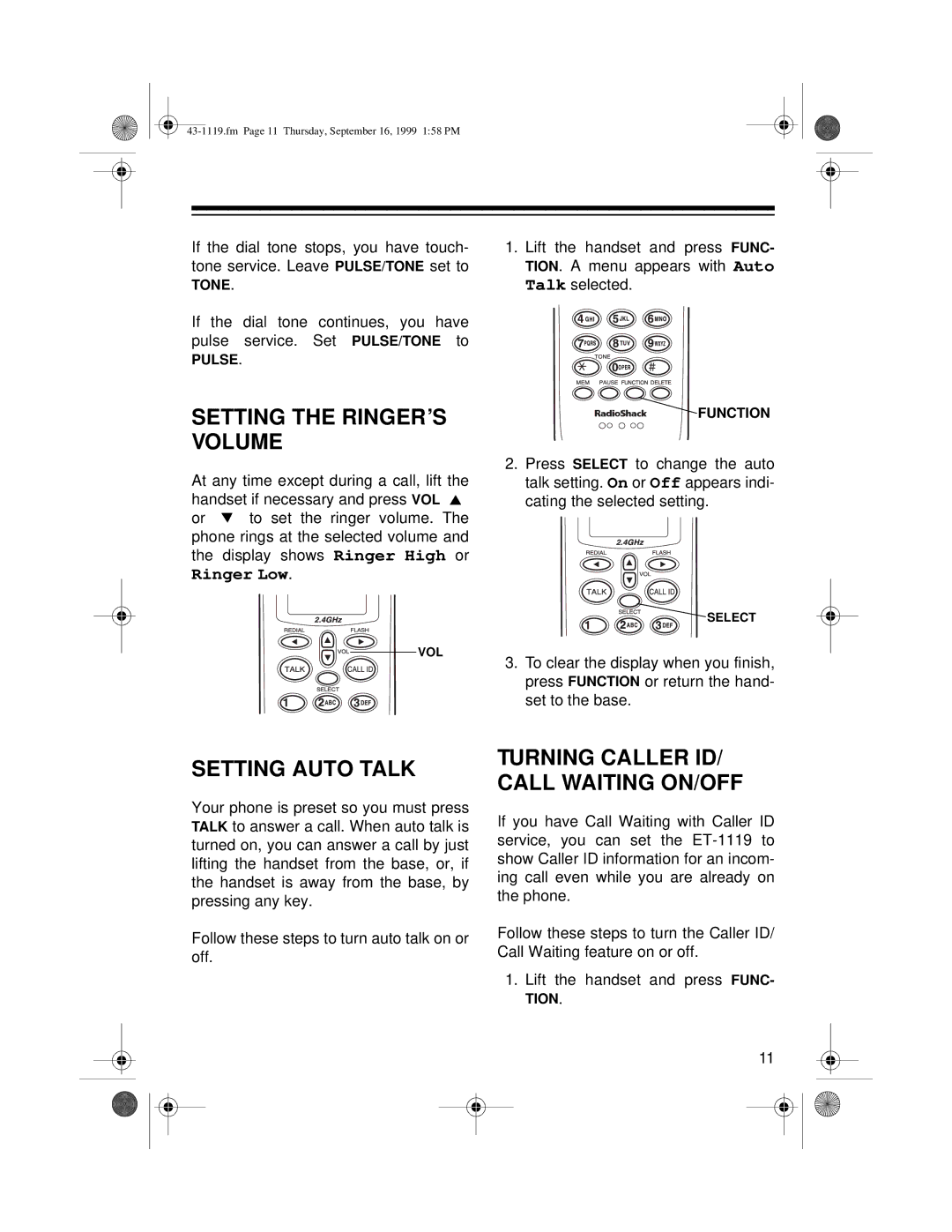 Radio Shack ET-1119 owner manual Setting the RINGER’S Volume, Setting Auto Talk, Turning Caller ID/ Call Waiting ON/OFF 