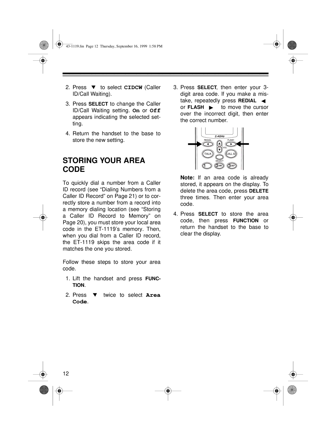 Radio Shack ET-1119 owner manual Storing Your Area Code 