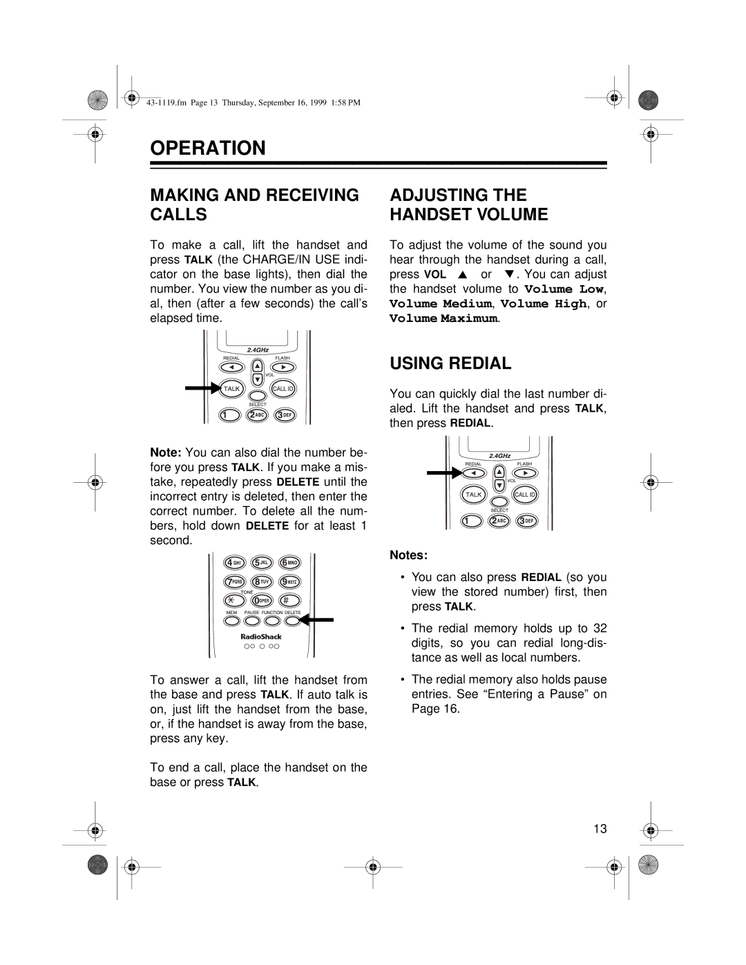 Radio Shack ET-1119 owner manual Operation, Making and Receiving Calls, Adjusting Handset Volume, Using Redial 