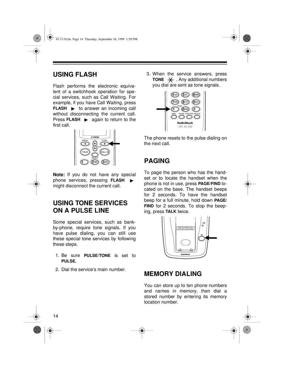 Radio Shack ET-1119 owner manual Using Flash, Paging, Memory Dialing 